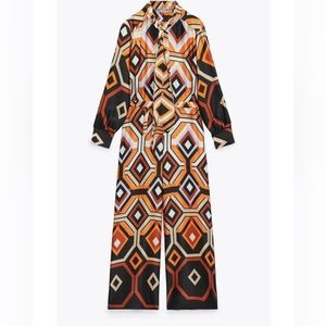 Zara Geometric Print Wide-Leg Jumpsuit in Orange, Black & Cream